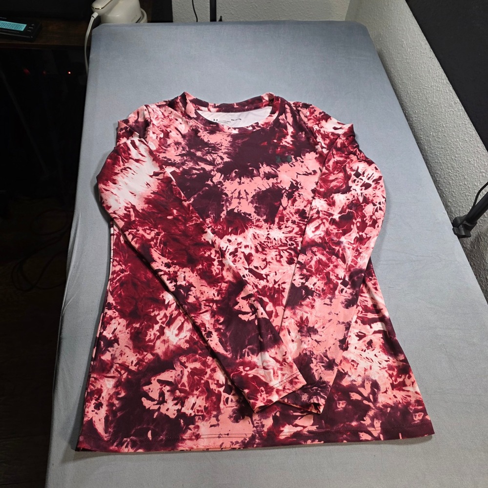 Under Armour Womens Small Red Pink Tie Dye Long Sleeve Performance‎ Shirt Loose